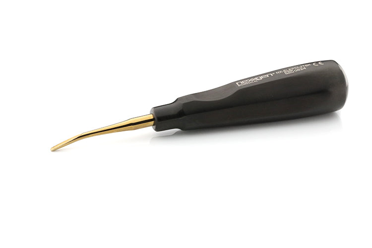 Curved Root Elevator, Serrated, Gold Titanium Tip, Octoblack® Handle - Nexxgen Biomedical®